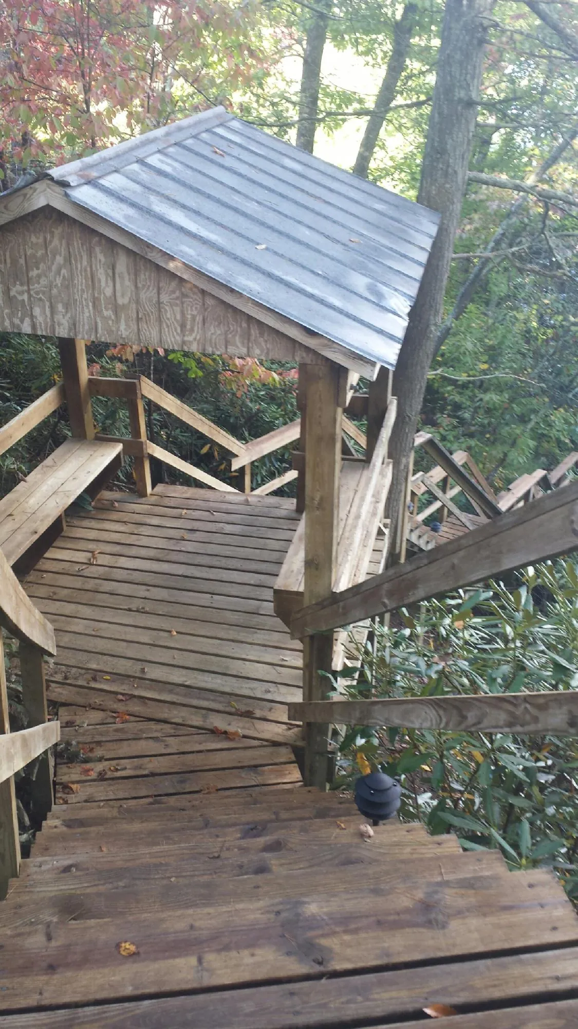 Metal roofed shelter over wooden steps on a wooded walkway — Skylight Repair & Installation work by our crew in Eldora
